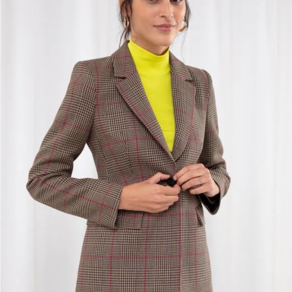 & Other Stories Brown Plaid Blazer with Red Windowpane